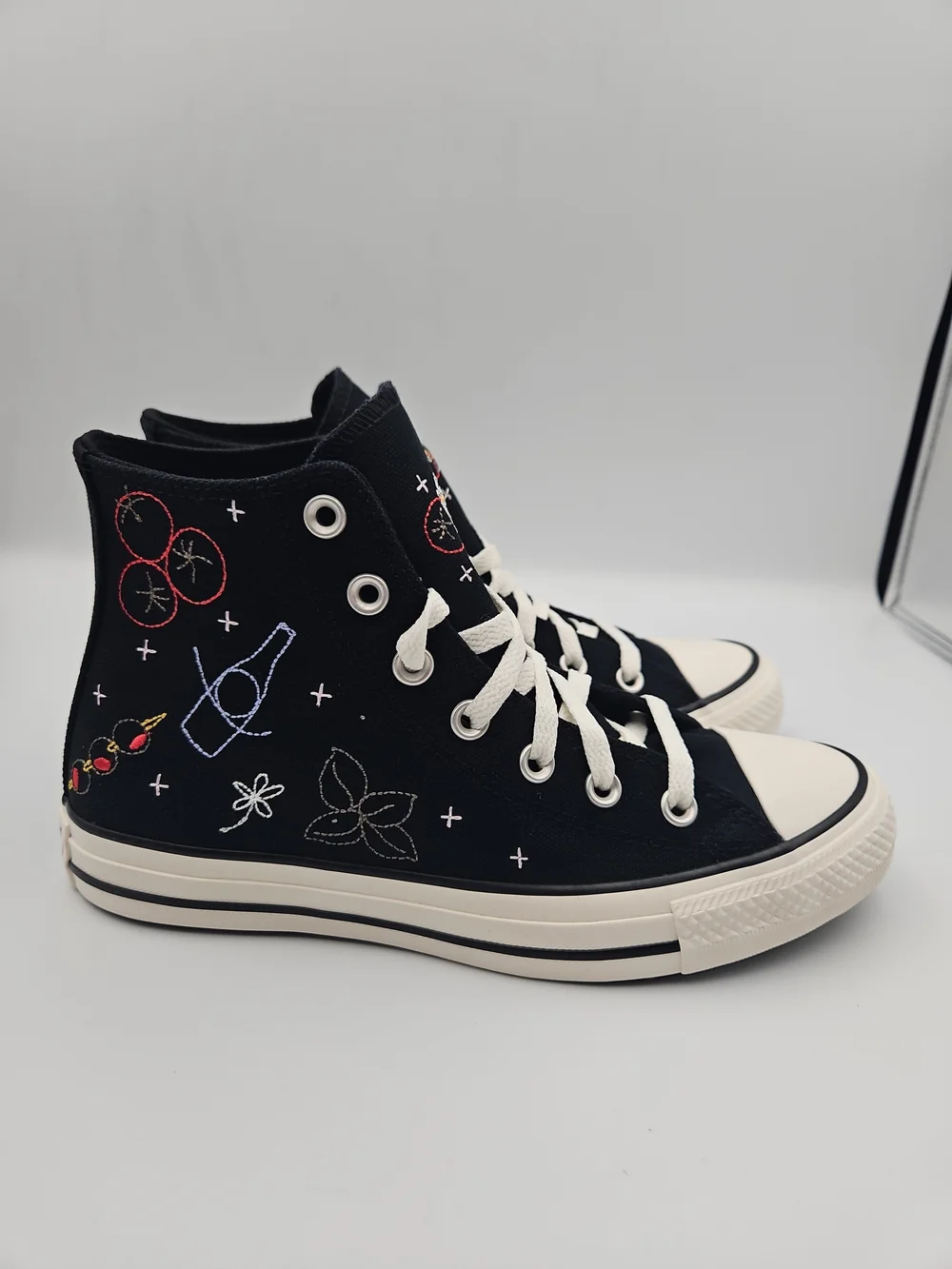 Converse Black High-Top Sneakers with Multicolor Embroidered Motifs